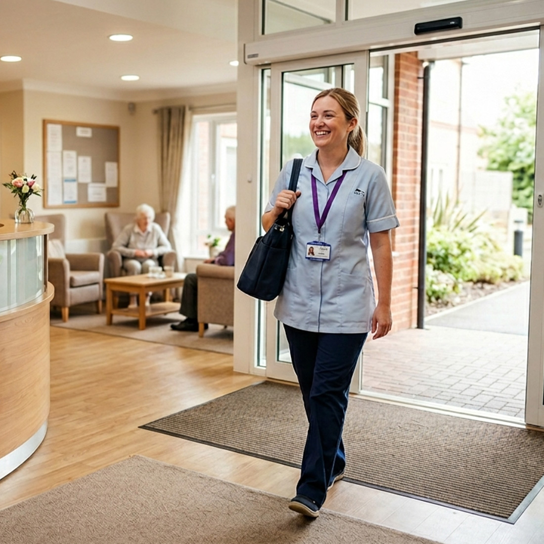 Care staff walking into work