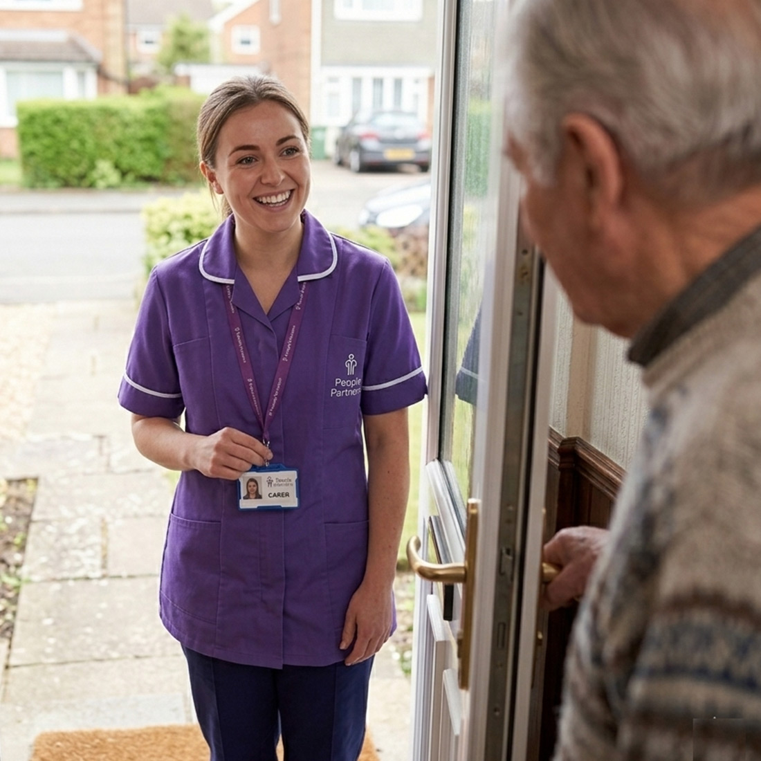 Carer stood in doorway talking to elderly patient