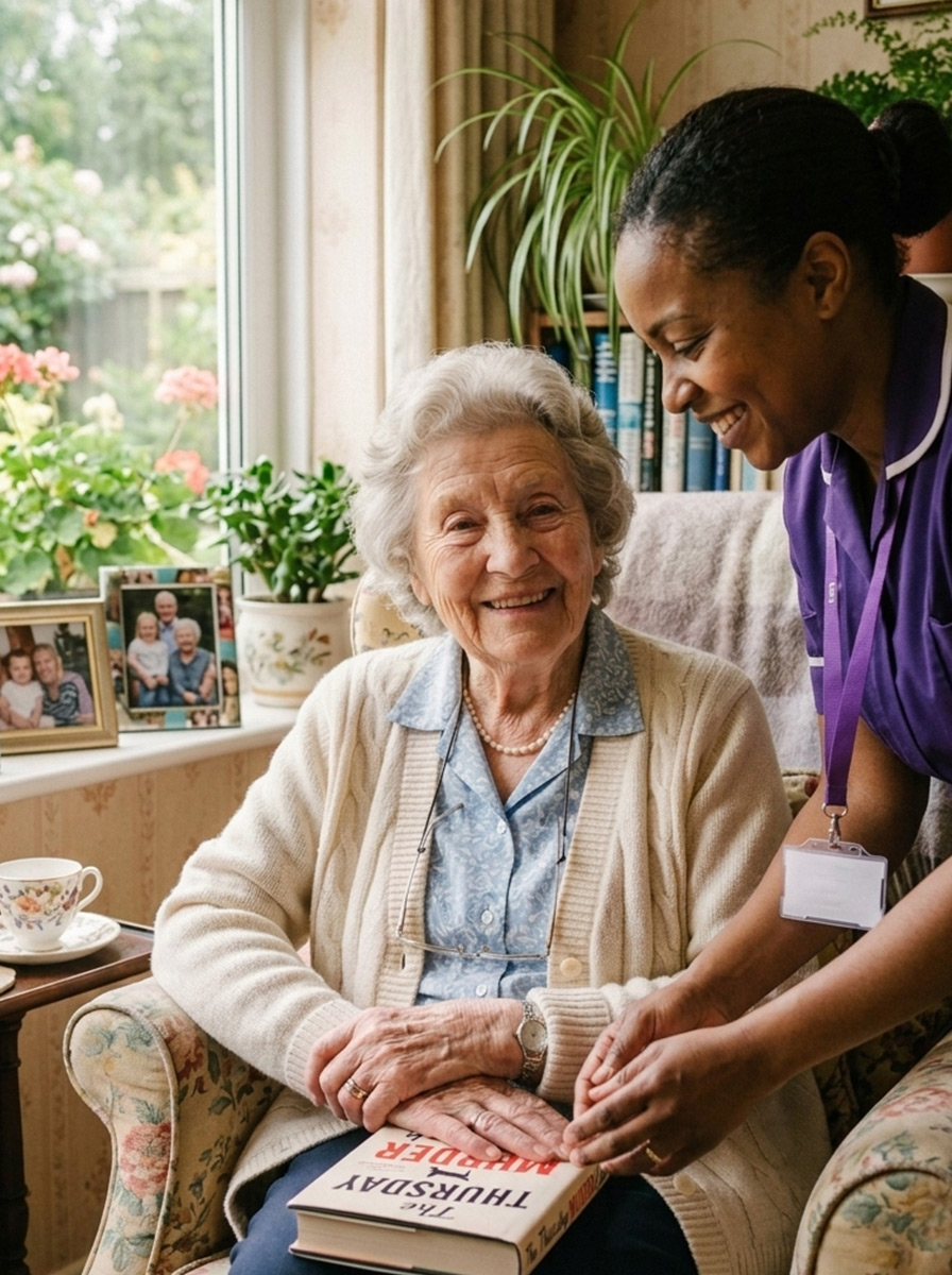 Female carer with elderly lady in her home