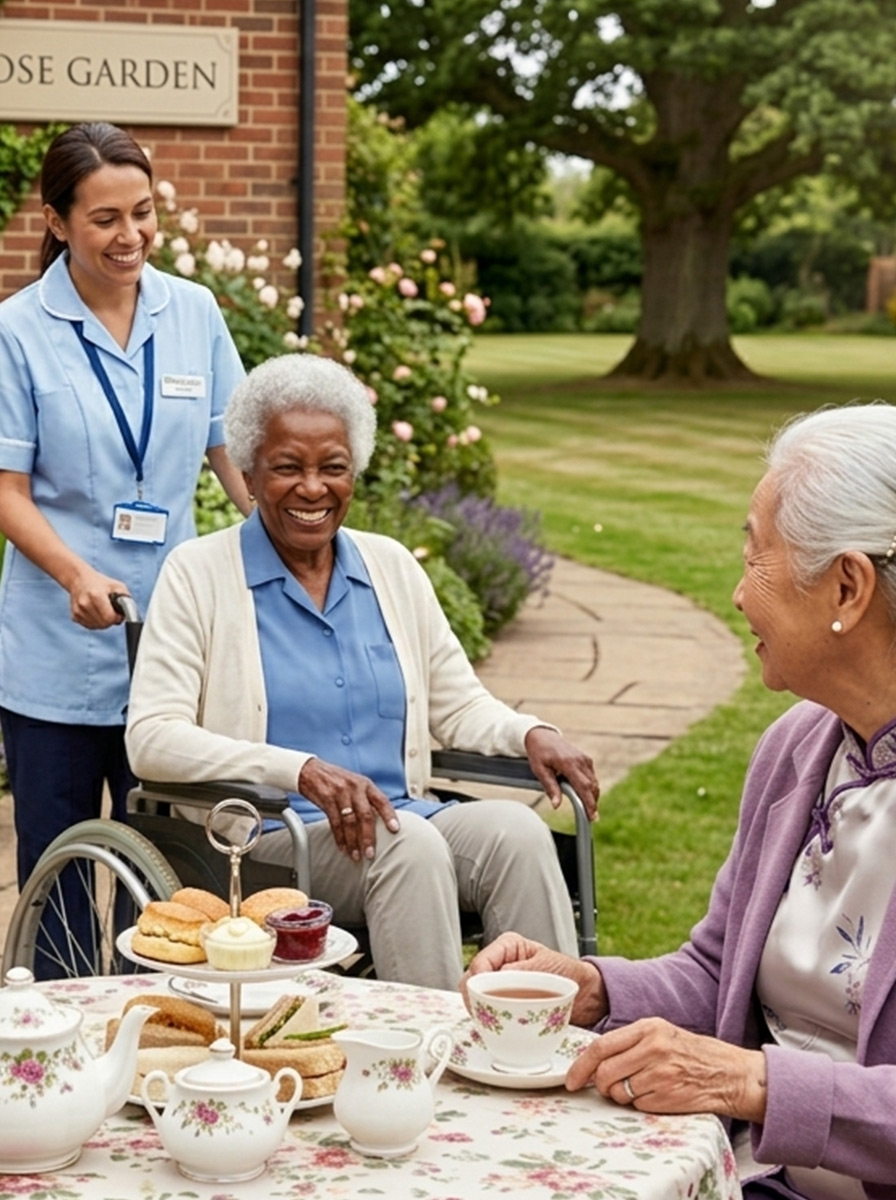 Carer in the garden with patients