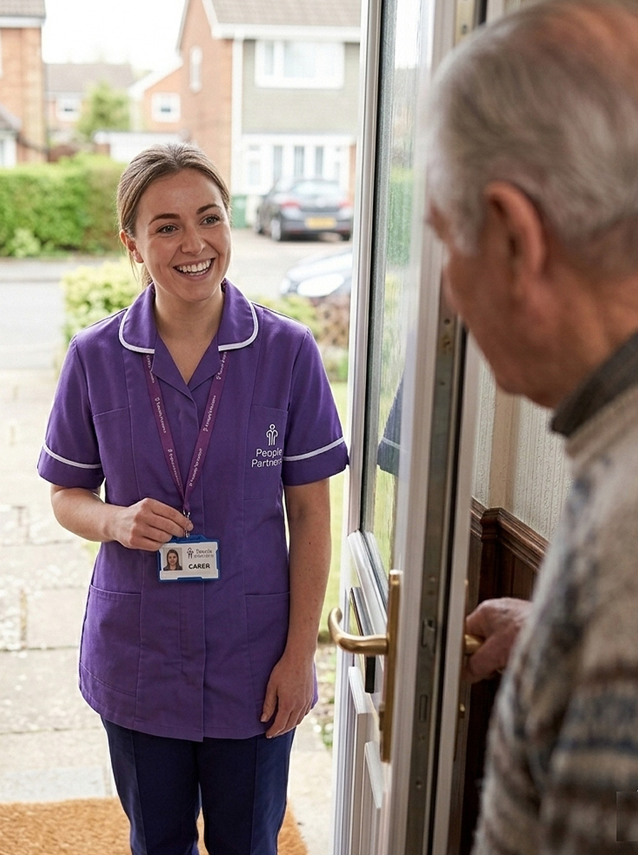Homecare female carer greeting patient