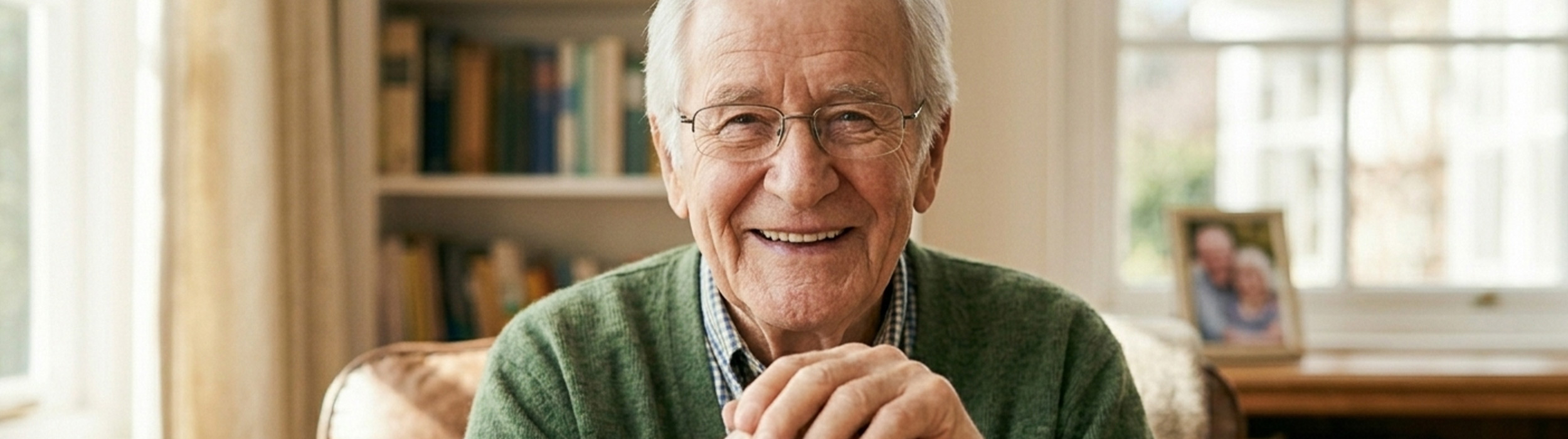 Elderly gentleman smiling wearing a green jumper